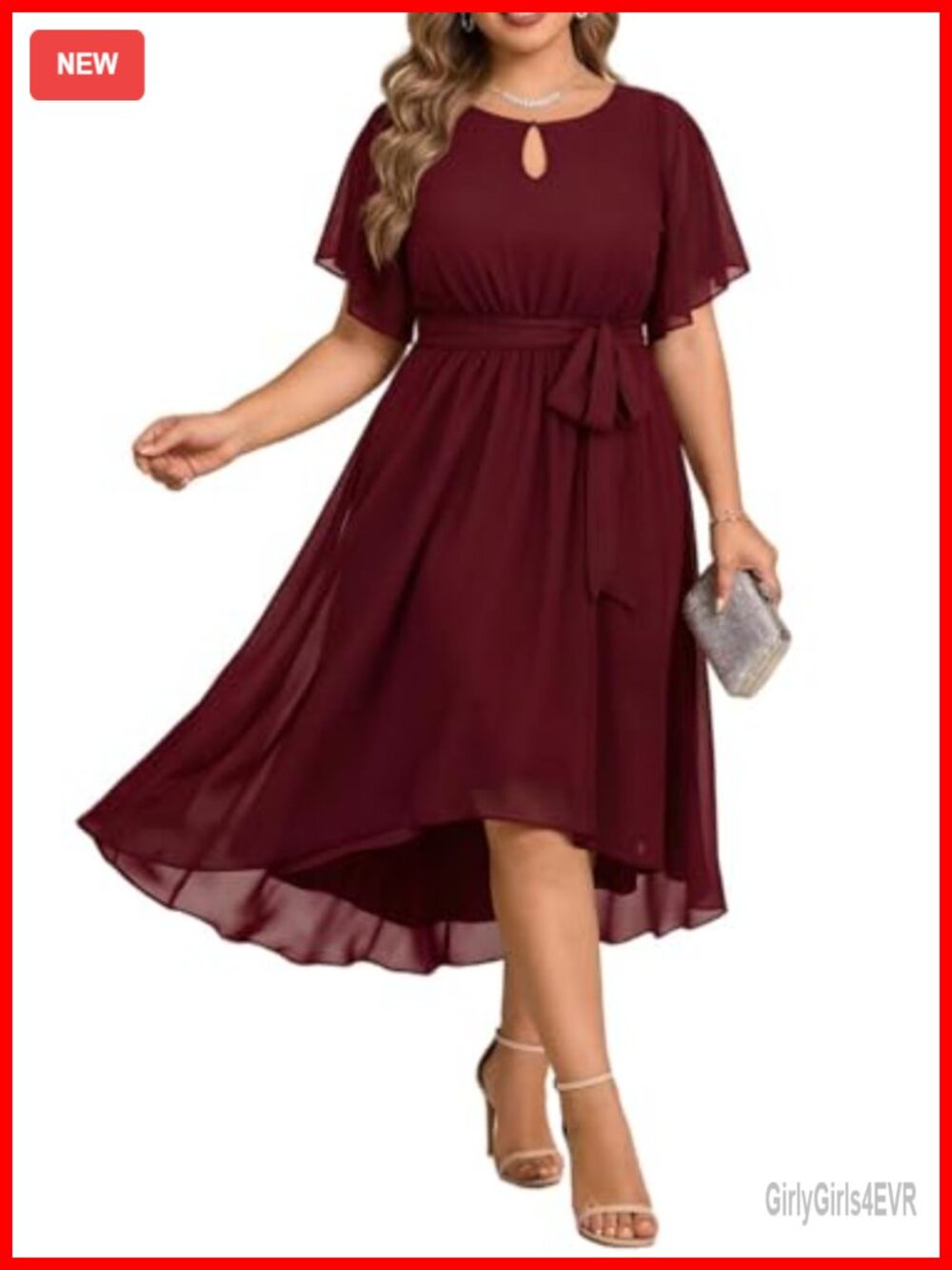 Plus Size Chiffon High Low Formal Dress Flutter Sleeve Belted